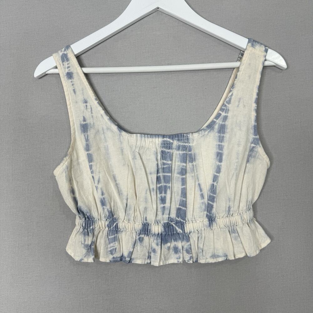Apiece Apart Women Top XS White Linen Blend Tie Dye Ruffle Crop Tank Boho Resort